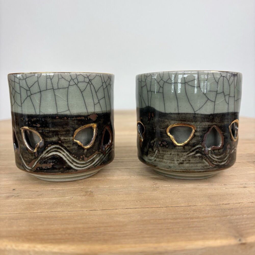 Vintage Somayaki Soma Ware Japan Double Wall Hearts Tea Cup Gold Horse Set Of 2